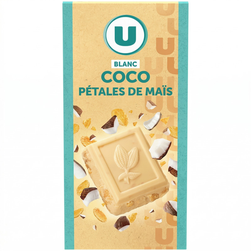 Tablette chocolat blanc noix de coco et pétales de maïs